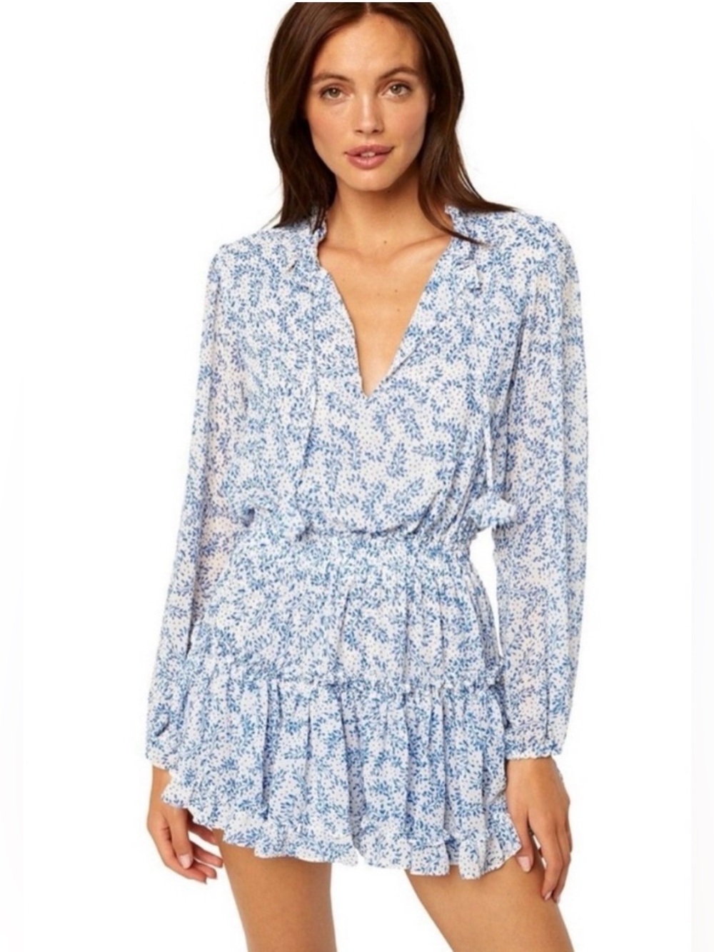 MISA LA Layla Blue Floral Ruffle Mini Dress Boho M Greek Islands Euro Summer